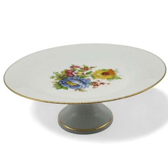 Vintage JKW BAVARIA Floral Cake Stand Gold Trim Pedestal Dessert Display 10 Inch - Picture 1 of 10